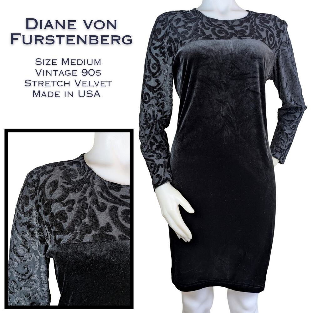 Diane Von Furstenberg Sheath Dress VTG 90s Medium Black Velvet Burnout Cocktail